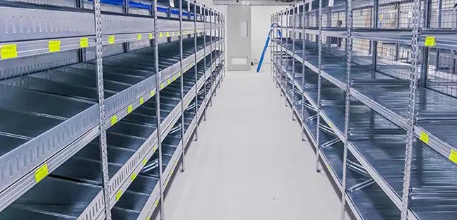 Coolroom shelving system with galvanised steel shelves for hygienic cold storage environments